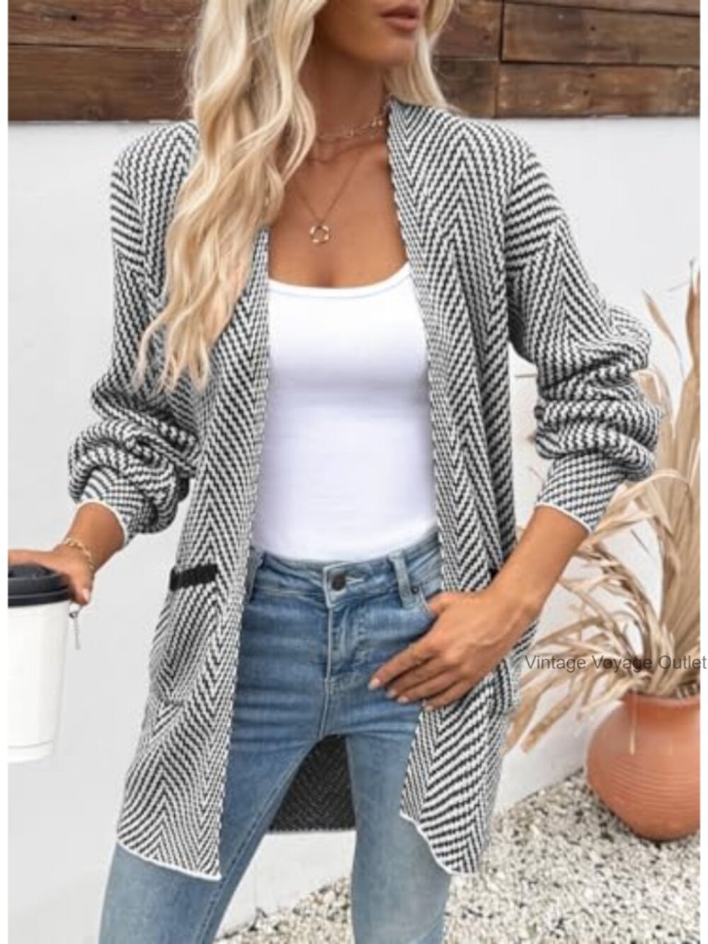 Womens Open Front Chevron Cardigan Sweater 100% Acrylic Long Sleeve - Picture 3 of 6